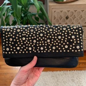 Black and gold faux paten leather studded clutch